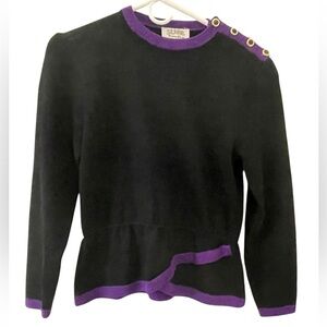 Vintage St. John Purple Trim Peplum Sweater Small‎ Old Money Shoulder Buttons